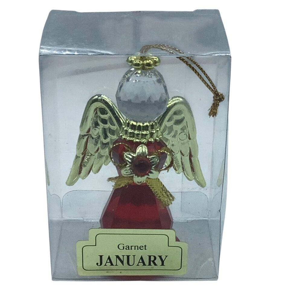 January‎ Garnet Angel Ornament Gold Wings & Crystal Accents By Amglo